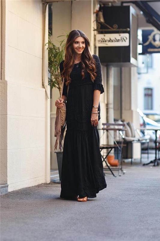 Bohemiška ilga suknelė bohemiška prašmatni madinga ilga plyšio suknelė moteris juodos spalvos ilga suknelė su rankovėmis