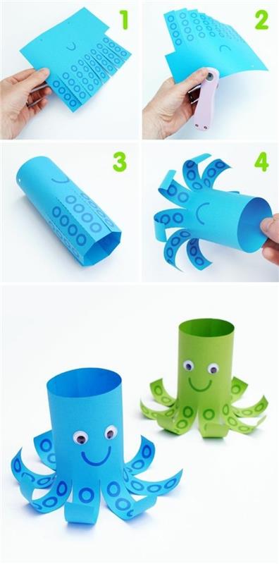 štiri slike, ki prikazujejo, kako narediti dekoracijo iz hobotnice iz papirja, korak za korakom, dve končani hobotnici v modri in zeleni barvi