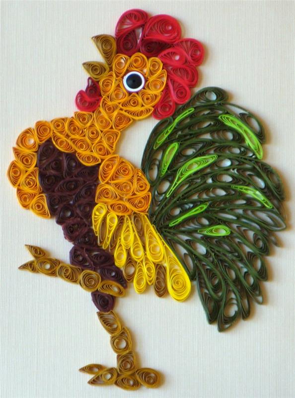 Quilling tekniğiyle sarılmış kağıtta çok renkli horoz, kağıt hayvanlar yaratın