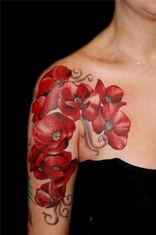 Kadınlar için çiçek omuz dövmesi, kırmızı haşhaş dövme fikri