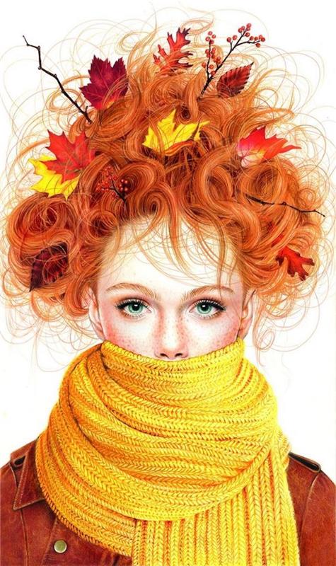 Jesensko dekle, risanje vzorca za reprodukcijo, primer risbe, rdeči lasje, rumeni šal, kodrasti lasje