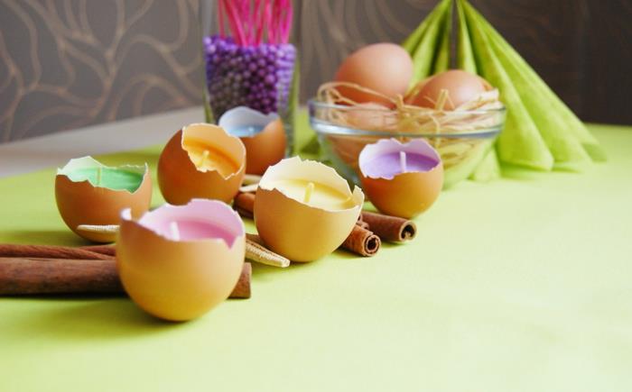 mumluğa dönüştürülmüş yumurta kabuğu, kokulu balmumu, renkli, paskalya için nasıl bir dekorasyon yapılacağına dair fikir
