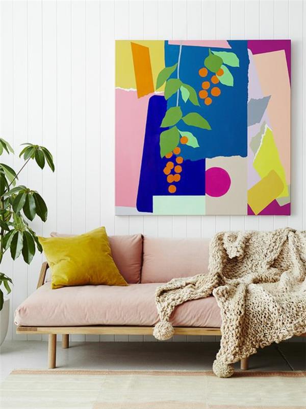 koralna barva, skandinavski kavč, umetniško slikanje v pastelih, zelena rastlina