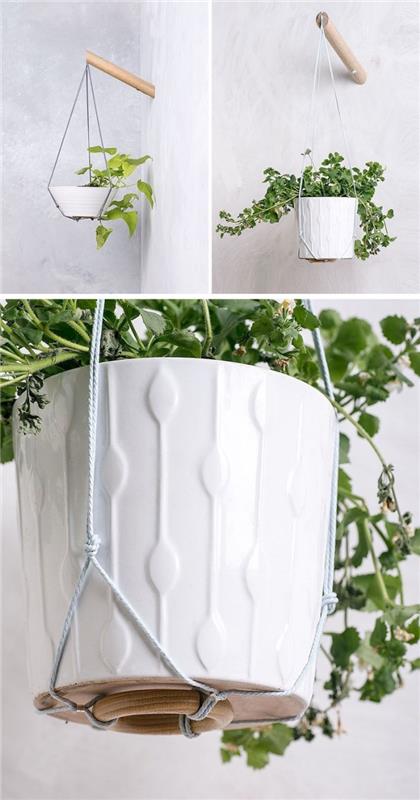 kabartma desenli beyaz asılı saksı modeli, yeşil bitki ve makrome ip askı ile duvar dekorasyonu