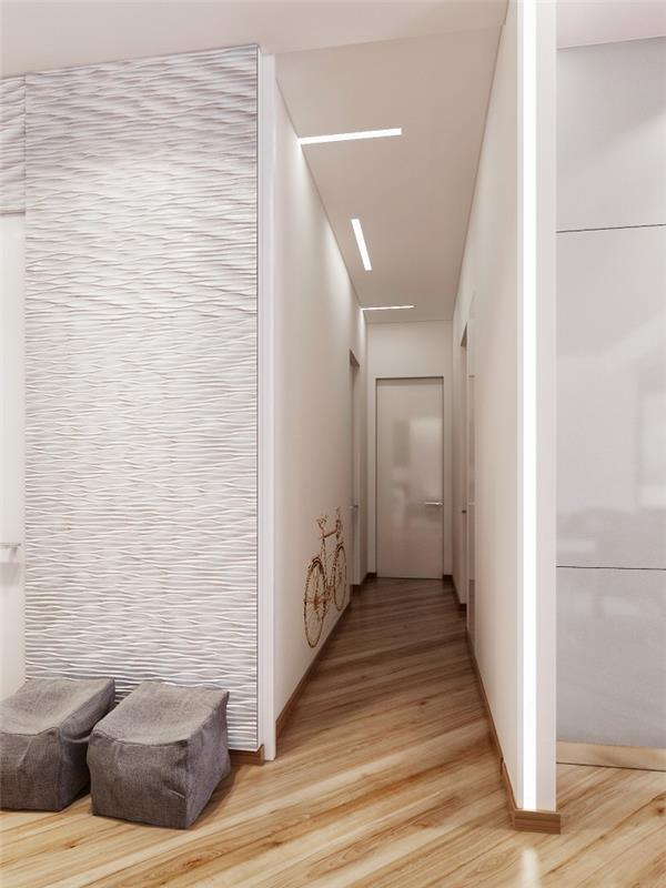 corridoio-moderno-stretchto-lungo-pareti-bianche-decorata-sticker-bicicletta-pavimento-parket
