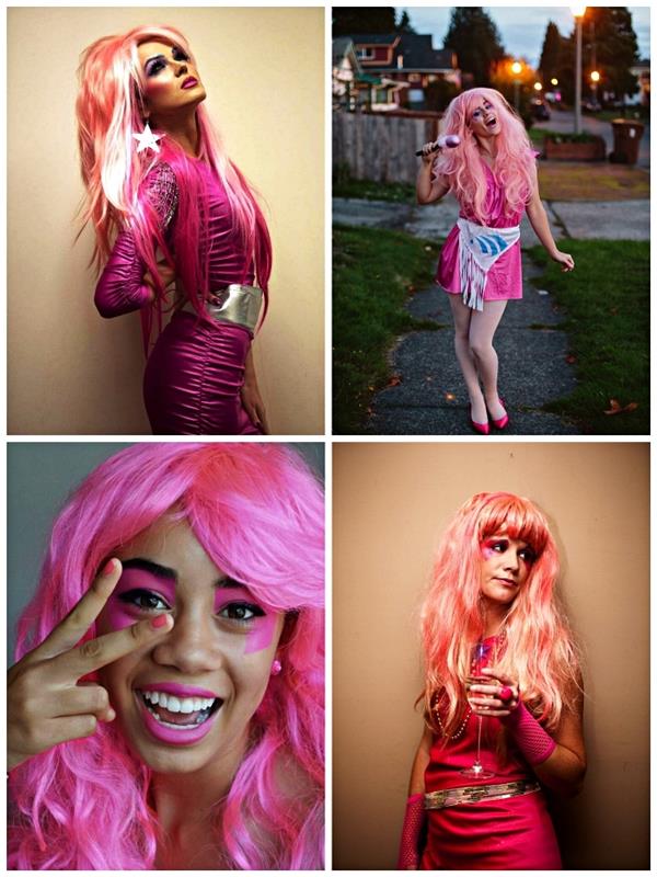 80 -ųjų roko kostiumo moteris, Jem kostiumas ir hologramos, sudarytos iš neoninės rožinės suknelės ir rožinio peruko