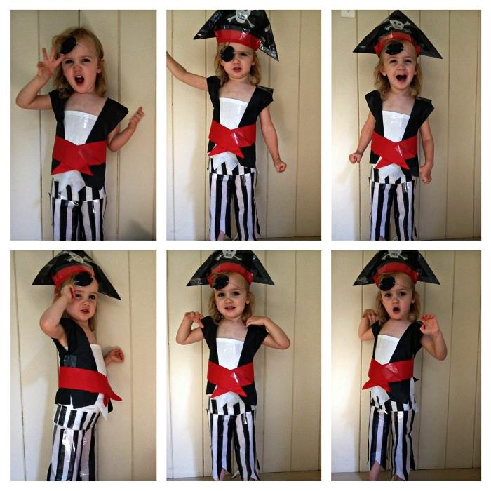 ideja piratskih otroških kostumov za noč čarovnic, piratski kostum za otroke, piratski klobuk in kostum z električnim trakom