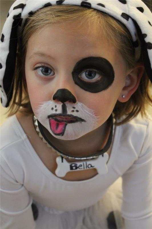 enostavna ideja za ličenje otrok, ki jo lahko naredite z barvo za obraz v beli in črni barvi, otroški obraz s ličenjem za pse