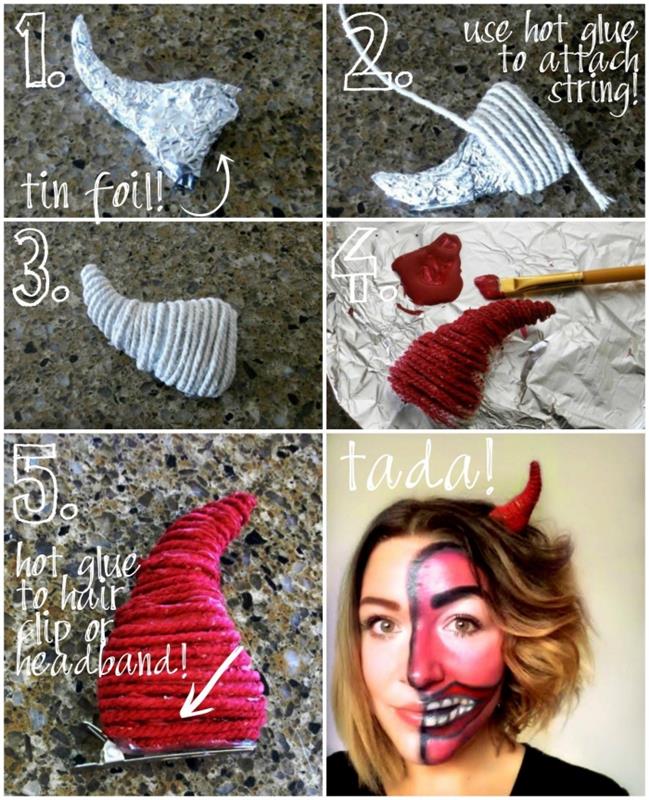 alüminyum folyodan şeytan boynuzu yapmak için kolay öğretici, kendin yapmak için yetişkin cadılar bayramı kostümü fikri