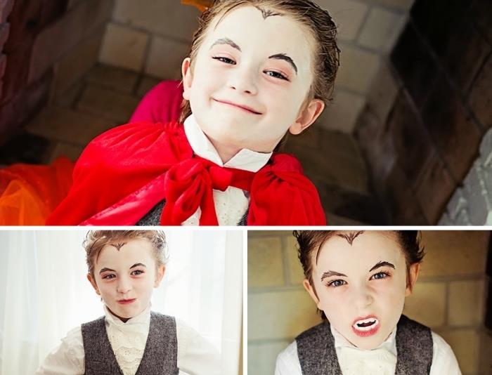 Drakulos maskavimo ir makiažo idėja mažam berniukui, paprasto paskutinės minutės Helovino makiažo pavyzdys