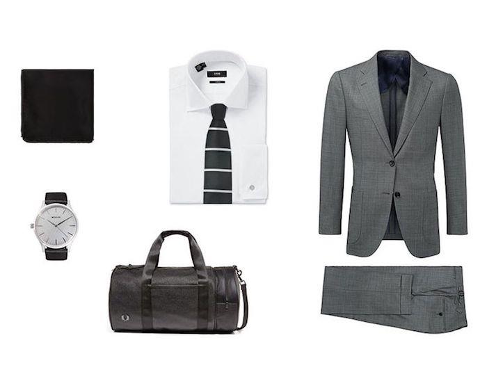 iş adamı kıyafetini, blazer ceketini ve gri pantolonunu beyaz ve siyah saatle nasıl organize eder