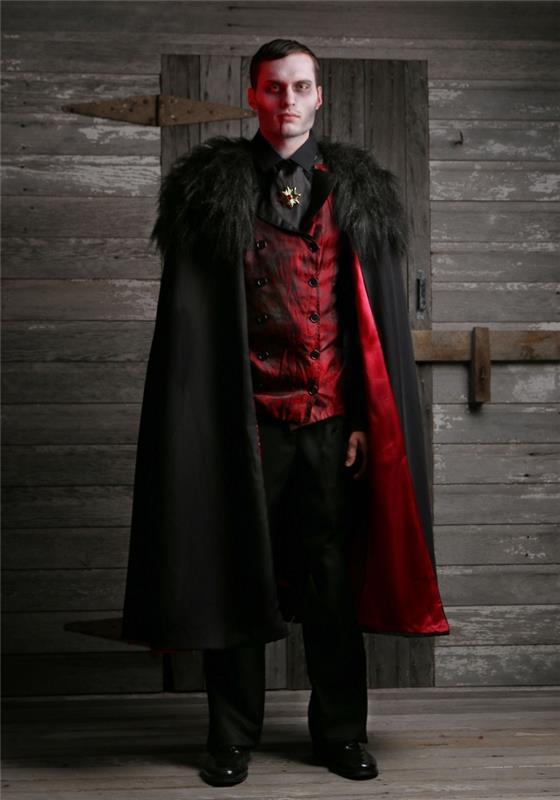 lengvai pagaminama „Drakula“ makiažo idėja, vampyrų kostiumas Helovinui vyrams, vampyrų apranga 3 dalių kostiume