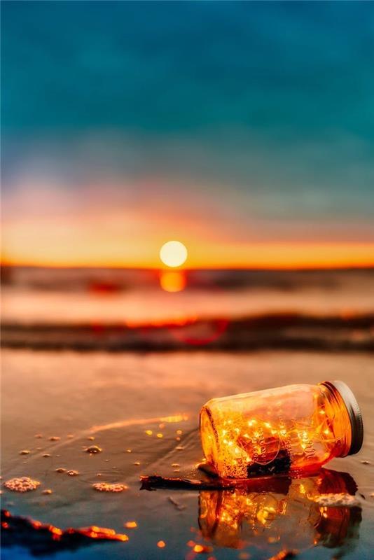İçinde led lambalı cam kavanoz, gün batımında sahilde peri ışıkları, tumblr duvar kağıdı, manzara resmi, plaj duvar kağıdı