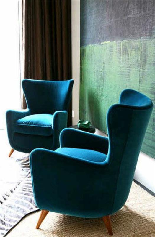 anties spalva, mėlyni foteliai, melsvai žalia siena