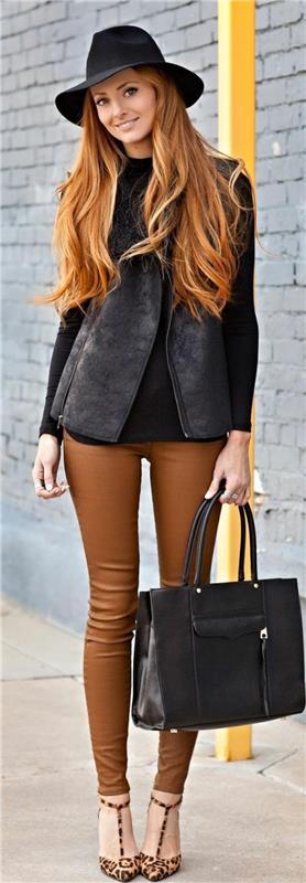 karamel rengi-saç-kıyafeti-günün-pantolon-topuklu-ayakkabı-çantası