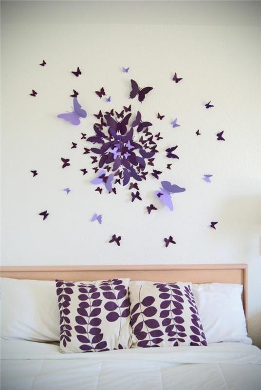 Mor duvar mor ve gri yatak odası mavi ve bej yatak odası koyu mor renk kelebekler serin dekor fikri