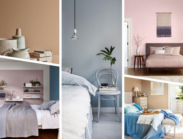 moderna barva sten spalnice, slike v pastelnih ali zemeljskih barvah, primer prijetnega dekorja s pastelno roza stenami in lesenim pohištvom