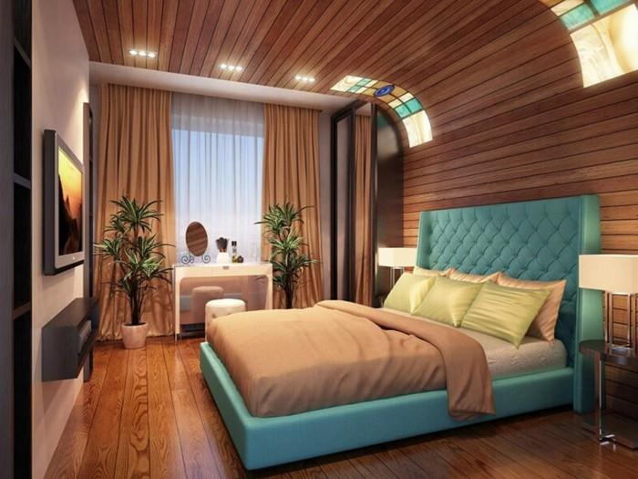 ideja za barvo spalnice, lesene stene, turkizno vzglavje, dolge rjave zavese