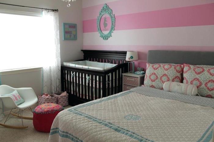 kaip papuošti kambarį kūdikio patogumui, rožinius ir baltus sienų dažus, tėvų kambarį su lovele