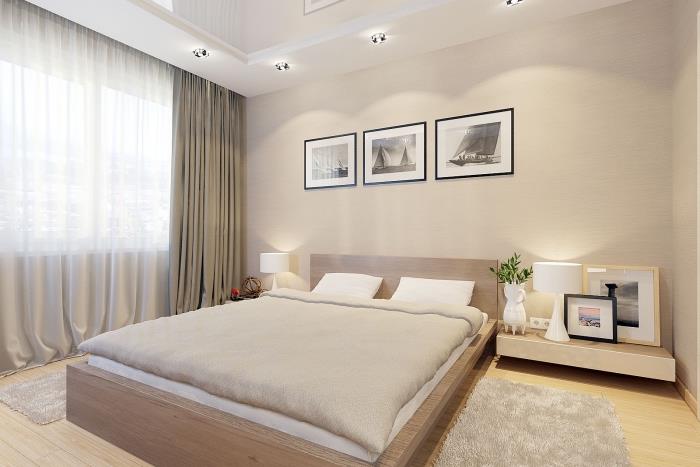 dekoracija spalnice za odrasle v nevtralnih barvah, moderna spalnica s spuščenim stropom in bež stenami