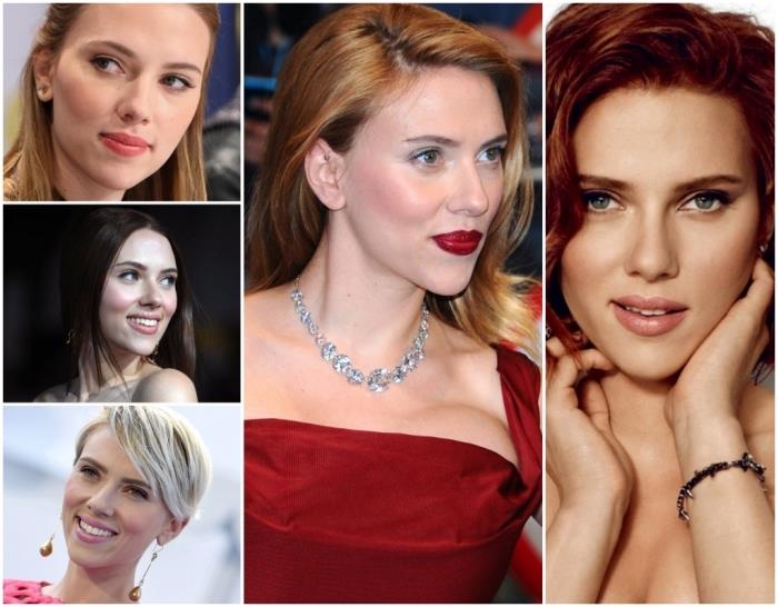 kaip išsirinkti savo plaukų spalvą, trumpą baltos blondinės spalvos kirpimą su juodomis juostelėmis Scarlette Johansson