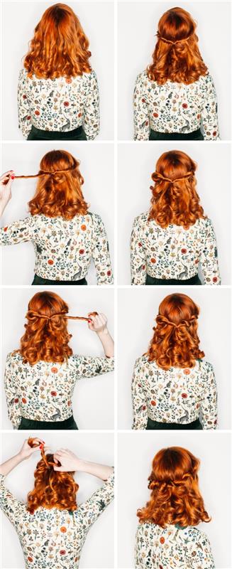 lengvos šukuosenos pamoka, pavyzdys, kaip padaryti šukuoseną palaidais garbanotais plaukais su susuktais spynomis karūna
