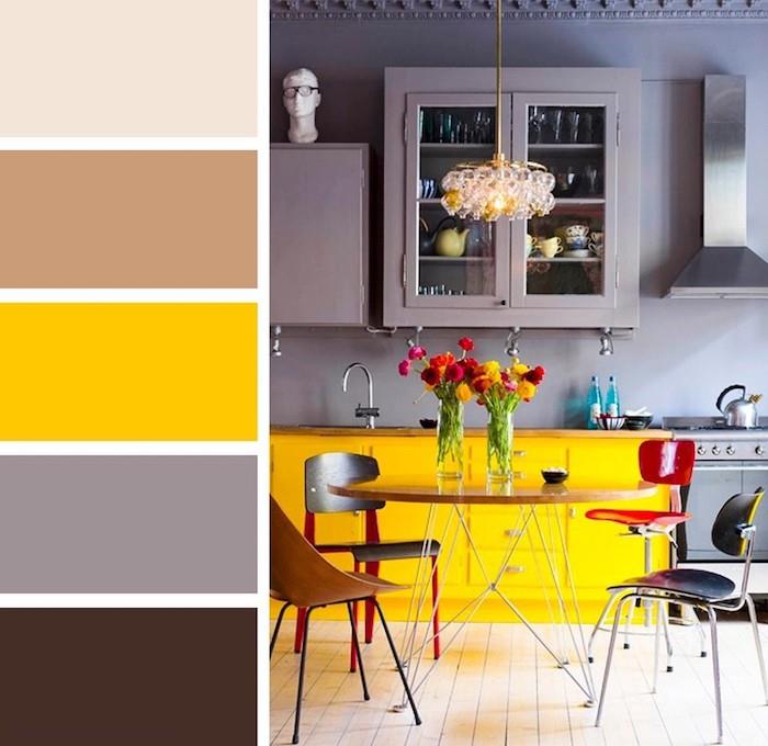pantone barva leta 2021 kuhinja s sivimi stenami in omarami, rdečim stolom in rumenimi detajli