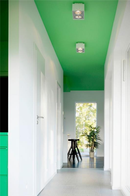 Ozka, popolnoma bela dekoracija hodnika, ki je bila vizualno širša zaradi vitaminsko zelene barve na stropu