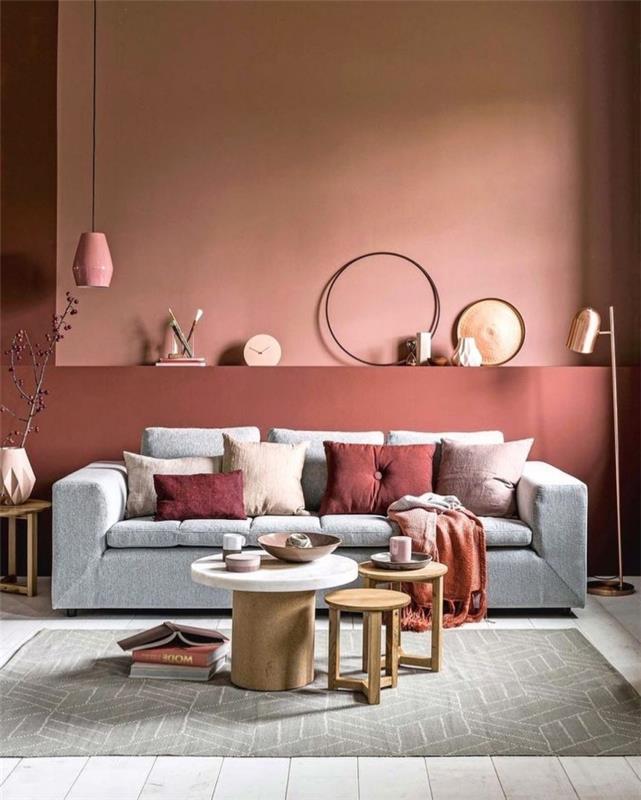 dažų spalva svetainei moderni terakotos tapybos sofa dekoratyvinės pagalvėlės kavos staliukas balta ir rožinė kabanti lempa