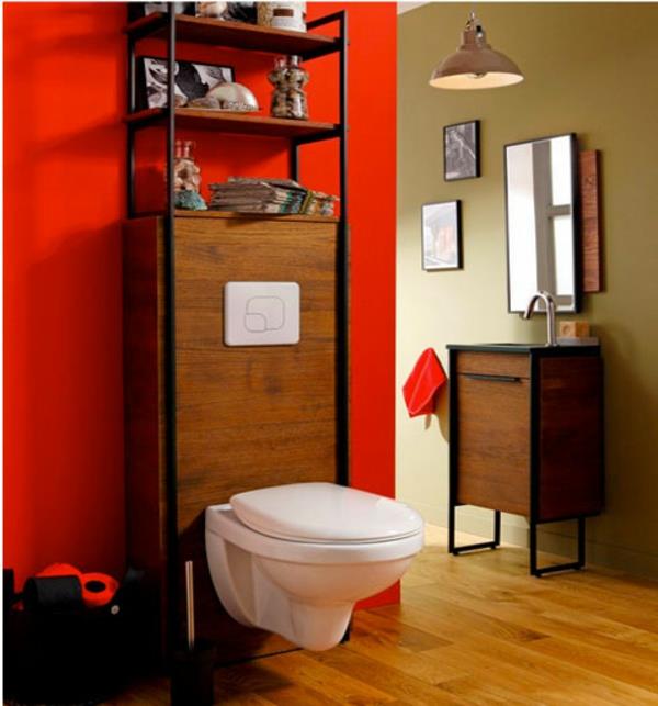 barva-dekoracija-WC-barva-rdeča-les-element-viseča skleda
