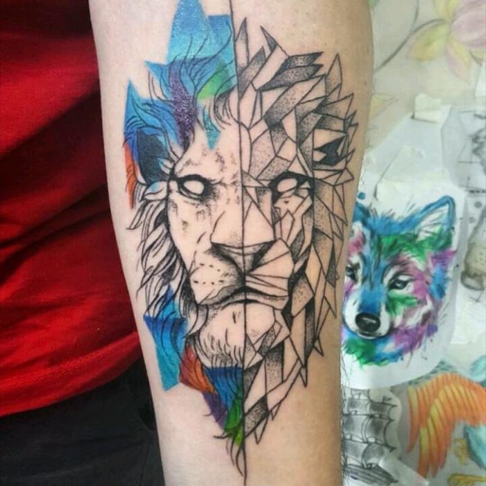 Abstrakti tatuiruotė, trumpalaikis tatuiruotės dizainas, gražus grafinis gyvūnas, tatuiruotė geometrinė liūto tatuiruotė, padarykite geriausią pasirinkimą sau