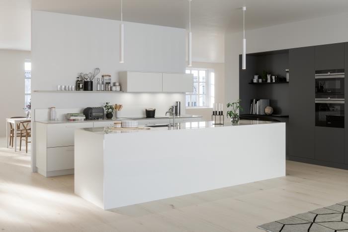 kömür grisi ile ne renk, koyu gri duvarlı beyaz duvarlı açık çağdaş mutfak modeli