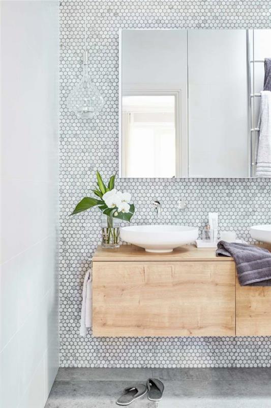 inci grisi banyo aynalı büyük dolap ve küçük yuvarlak lavabolu duvara asılı lavabo dolabı