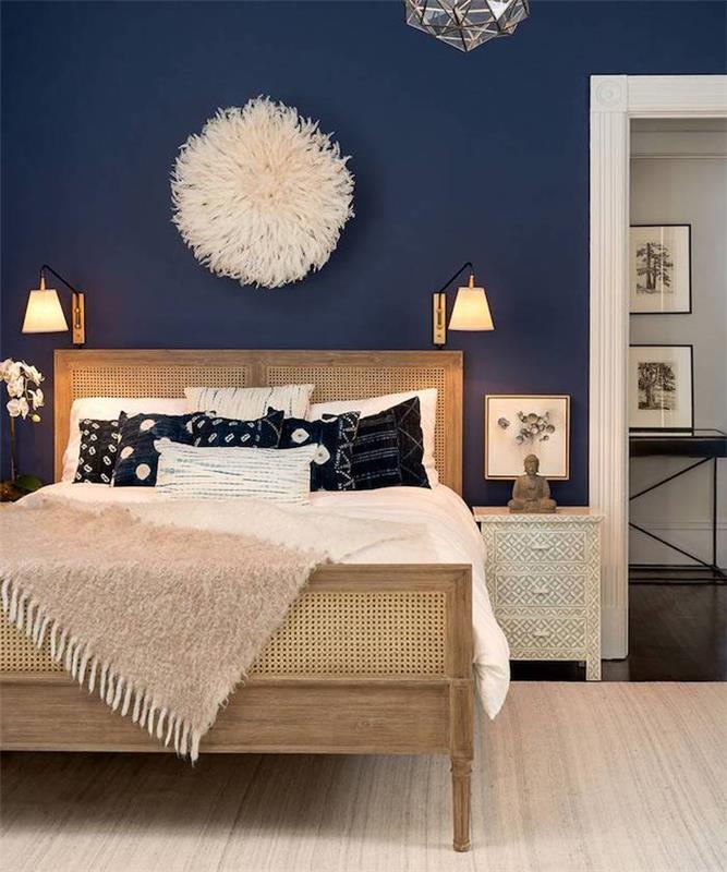 Kaip papuošti suaugusiųjų miegamojo spalvų idėjas miegamojo 2018 m. Mėlynos sienos derliaus dekoravimui