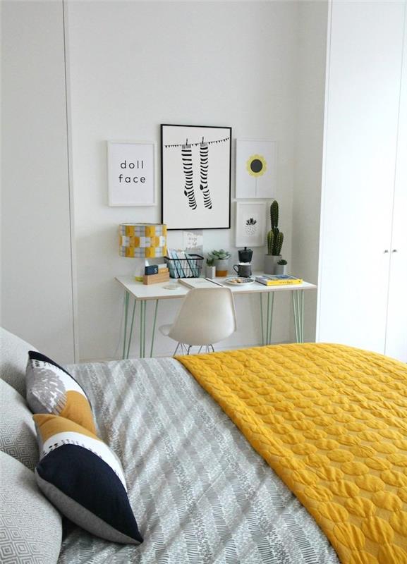 Spalvotas miegamojo sienos spalva madingas miegamasis 2018 modernus geltonos ir pilkos spalvos interjeras