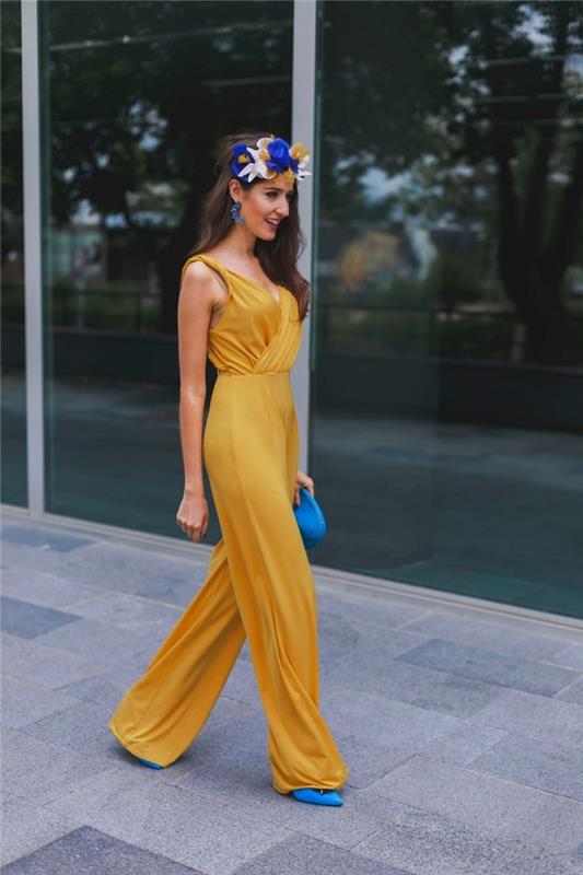 kakšno barvo obleči na poroko, ideja za obleko za poročne goste za ženske gorčično rumene hlače z naramnicami in širokimi nogami