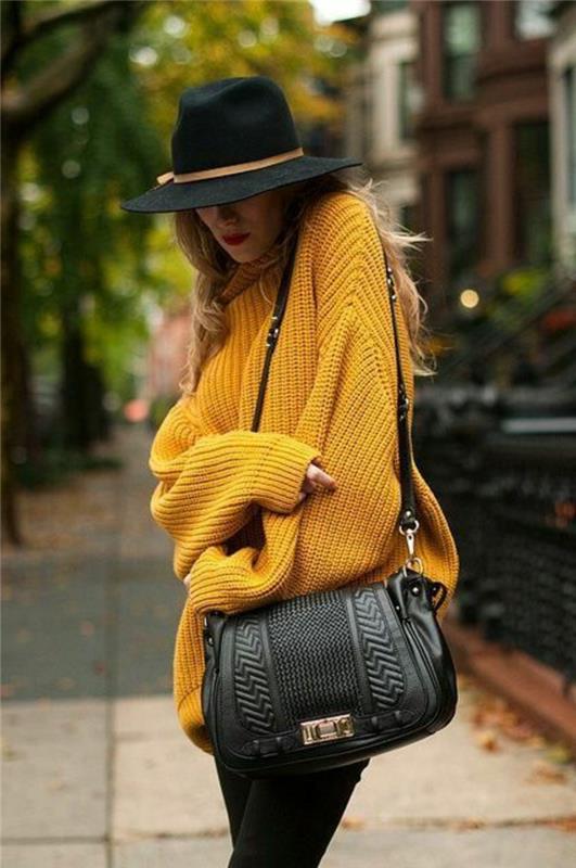 spalva-garstyčių-geltonai-megztas-megztinis-ilgas pečių krepšys-juodas