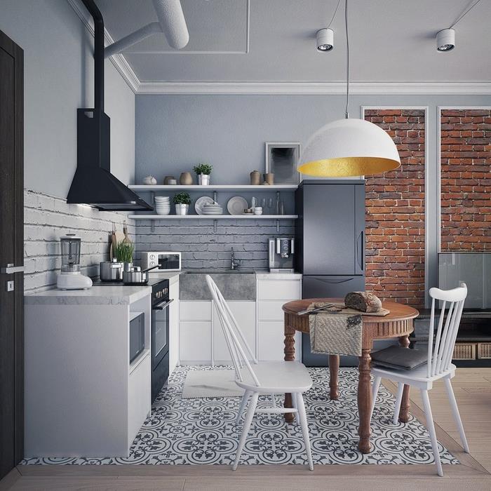 endüstriyel çatı katı tarzı bir mutfak için ne renk, açık gri, antrasit gri ve beyaz renkte küçük bir fonksiyonel mutfağın düzeni, çimento karolarla sınırlandırılmıştır.