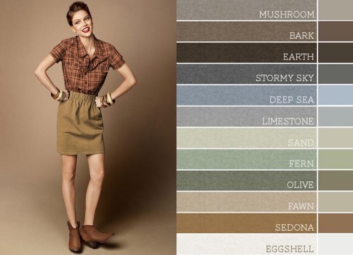 barvna paleta, kombinacija oblačil zemeljskih odtenkov, ženska v kratki kaki obleki s srajco in rjavimi škornji