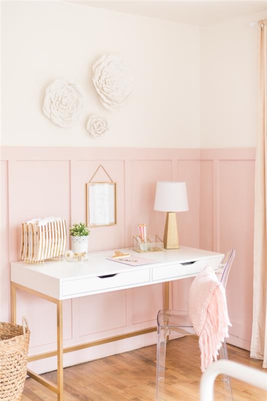 bir kızın odasında modern bir ev ofisi nasıl kurulur, bir kadının odasını uçuk pembe ve beyaz renkte dekore eder