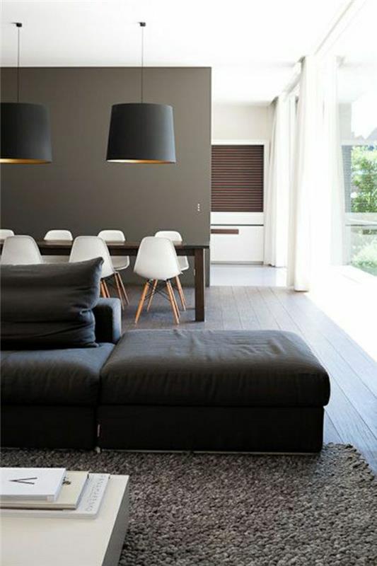 taupe-barva-taupe-stena-notranjost-deco-dom-dnevna soba-preproga-taupe-lestenec-črna