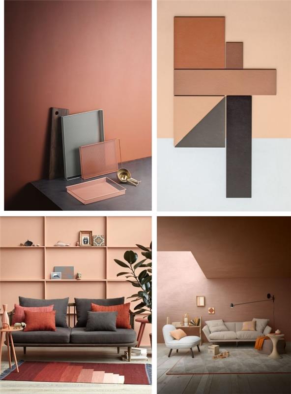 terakotos spalva madingas interjero dekoravimas sienų tapyba terakotos atspalvio pilka sofa dekoratyvinės pagalvėlės modernaus dizaino svetainės dekoras