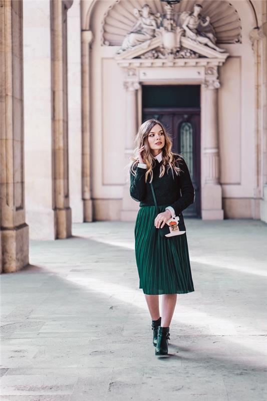 primer, kako se dobro obleči pozimi 2019, trendy look 2019 ženska v oblačilih zelenih odtenkov
