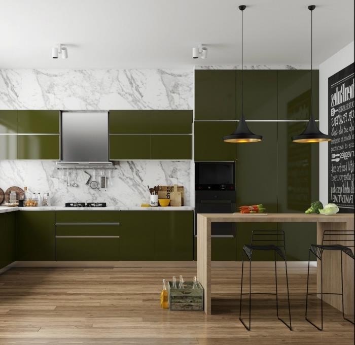 dopolnilna barvna ideja zelene v sodobni in elegantni kuhinji z laminatnimi tlemi z marmornim brizganjem