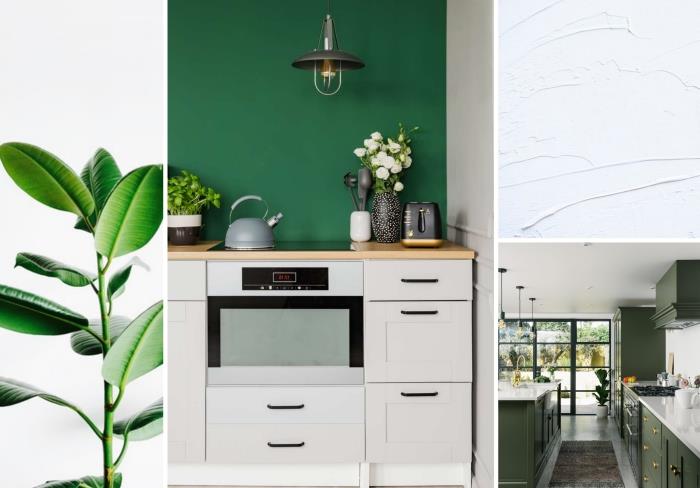 kakšne barve za kuhinjo, postavitev kuhinje z zelenimi stenami z lesenim pohištvom s črnimi ročaji