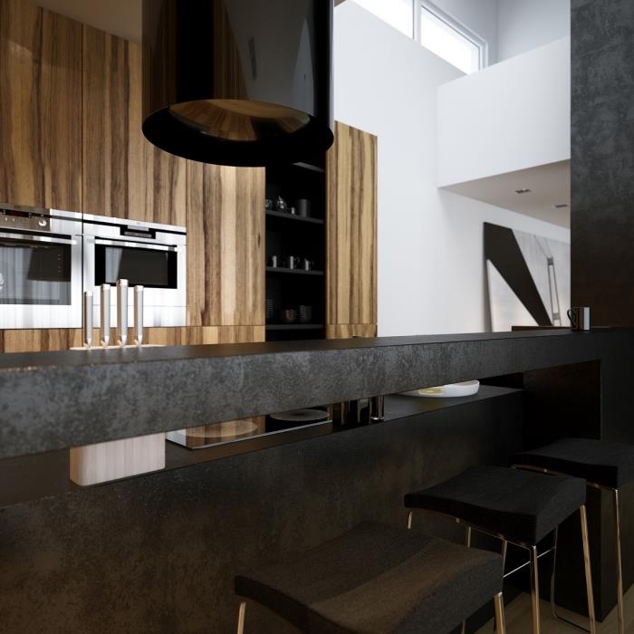 interjero tendencija su mediena ir juoda, šiuolaikiškas virtuvės modelis su juoda centrine sala ir pakabinamomis lubomis