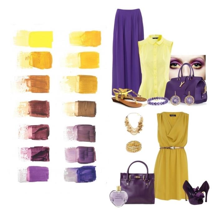 barvna mešanica, dopolnilna barvna povezava v modi, kosi rumenih odtenkov s koščki vijoličnih odtenkov