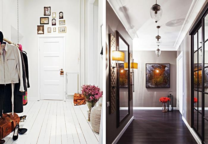 koridorda duvar boyası rengi için fikir, beyaz duvarlı ve beyaz ahşap parkeli alan, gri duvarlı ve beyaz tavanlı koridor