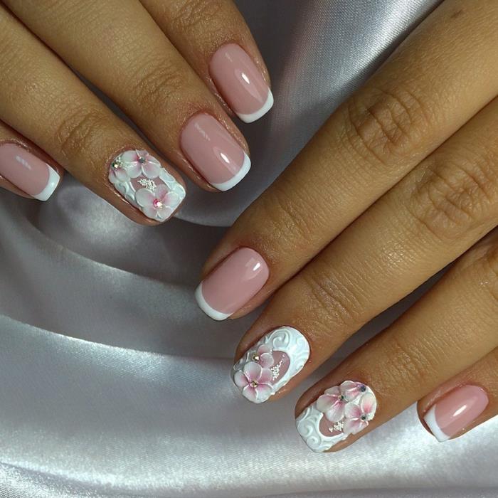 rožinės ir baltos spalvos nagų dekoras, reljefinės gėlės, rausvos ir baltos spalvos manikiūras, vidutinio dydžio nagai