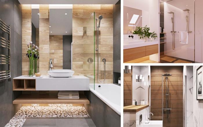 Navdušujoče fotografije italijanske kopalnice s sodobnim dizajnom, elegantno notranjostjo s sivimi keramičnimi stenami in oblogami iz svetlega lesa